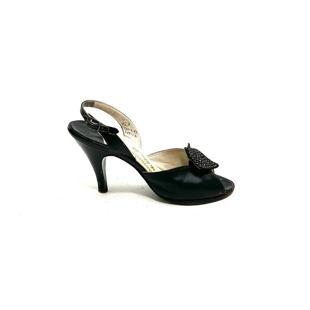 Vintage 1940s black leather peep toe rhinestone slingback heels